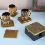 ARTS & CRAFTS WOODEN BRASS LINED EMBOSSED COASTER SET WITH VINTAGE BOX