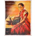 South Indian Lady Sitting with Luggage Canvas Painting 3'x6'