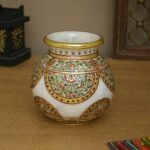WHITE MAKRANA MARBLE JAL KALASH REAL RED & GREEN KUNDAN 22CRT REAL GOLD HANDPAINTED