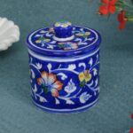 ARTS & CRAFTS BLUE POTTERY  TEA, COFFEE, SUGAR CONTAINER WITH LID (BLUE & MULTICOLOUR COLOUR)