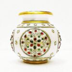 ARTS & CRAFTS WHITE MAKRANA MARBLE REAL KUNDAN WORK FLORAL DESIGN LOTA SHAPE VASE REAL GGOLD HANDPAINTED