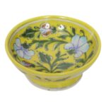 ARTS & CRAFTS BLUE POTTERY BOWL, MULTICOLOUR  FLORAL HAND PAINTED BOWL