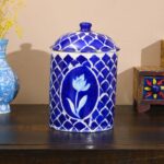 ARTS & CRAFTS Blue Pottery Cylindrical Storage Container with Lid (BLUE COLOUR)