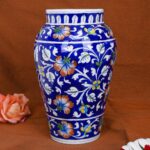ARTS & CRAFTS BLUE POTTERY DECORATIVE VASE (MULTICOLOUR FLORAL DESIGN)