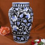 ARTS & CRAFTS BLUE POTTERY DECORATIVE  BLACK VASE (BLUE & WHITE FLORAL DESIGN)