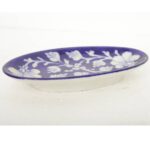 ARTS & CRAFTS BLUE POTTERY OVAL TRAY, BLUE BASE WHITE COLOUR FLORAL DESIGN HAND PAINTED TRAY
