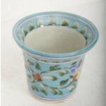 ARTS & CRAFTS BLUE POTTERY PLANTER, TURQUOISE BASE MULTI COLOUR FLORAL HAND PAINTED PLANTER