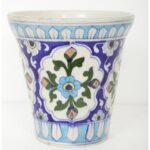 ARTS & CRAFTS BLUE POTTERY PLANTER, WHITE BASE MULTI COLOUR FLORAL HAND PAINTED BOWL