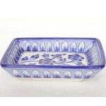 ARTS & CRAFTS BLUE POTTERY RECTANGULAR TRAY, BLUE BASE WHITE COLOUR FLORAL HAND PAINTED TRAY