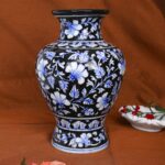 ARTS & CRAFTS BLUE POTTERY DECORATIVE UNIQUE BLACK VASE (BLUE & WHITE FLORAL DESIGN)
