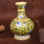 ARTS & CRAFTS BLUE POTTERY HANDMADE DECORATIVE VASE, YELLOW BASE MULTI COLOUR FLORAL HAND PAINTED VASE