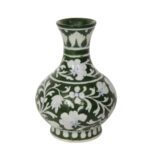 ARTS & CRAFTS BLUE POTTERY HANDMADE DECORATIVE VASE, GREEN BASE WHITE COLOUR FLORAL HAND PAINTED VASE