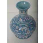 ARTS & CRAFTS BLUE POTTERY VASE, TURQUOISE BASE WHITECOLOUR FLORAL HAND PAINTED VASE