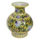 ARTS & CRAFTS BLUE POTTERY HANDI SHAPE VASE, YELLOW BASE MULTI COLOUR FLORAL HAND PAINTED VASE
