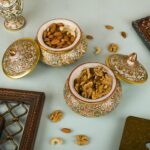 ARTS & CRAFTS  ORNATE MRBLE DRY FRUIT HANDIS (2 HANDIS) AND BRASS LINED WOODEN TRAY SET (1 TRAY)
