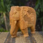 ARTS & CRAFTS WOODEN ELEPHANT CARVED JAALI WORK HUNTING DESIGN ON ELEPHANT TRUNK DOWN