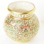 ARTS & CRAFTS WHITE MAKRANA MARBLE LOTA SHAPE VASE  MUGHAL DESIGN REAL GOLD HAND PAINTED (MULTICOLOUR)