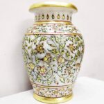 ARTS & CRAFTS WHITE MAKRANA MARBLE HANDI SHAPE MUGHAL FLORAL DESIGN VASE 7