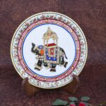 ARTS & CRAFTS MARBLE DECORATIVE PLATE  24 CRTS GOLD HAND PAINTED MULTI COLOUR FINE WORK ELEPHANT PORTRAIT IN CENTER