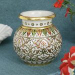 WHITE MAKRANA MARBLE JAL/POOJA KALASH LEAF BORDER DESIGN 24CRT REAL GOLD HANDPAINTED