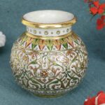 ARTS & CRAFTS WHITE MAKRANA MARBLE JAL/POOJA KALASH  FLORAL MEENAKARI DESIGN 24CRT REAL GOLD HANDPAINTED