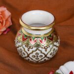 ARTS & CRAFTS WHITE MAKRANA MARBLE JAL KALASH 22CRT REAL GOLD HANDPAINTED GEOMETRICAL DESIGN
