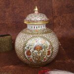 ARTS & CRAFTS MARBLE JAL KALASH WITH LID FOR  POOJA & DECORATIVE ITEM  FLOWER DESIGN IN CENTER FOR 24CRT REAL GOLD HANDPAINTED