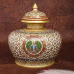 MARBLE JAL KALASH WITH LID  FOR POOJA & DECORATIVE ITEM FLORAL DESIGN PEACOCK IN CENTER 24 CRT REAL GOLD HANDPAINTED