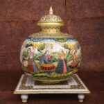 ARTS & CRAFTS MARBLE JAL KALASH WITH LID & CHAWKI RADHA KRISHNA RAS LEELA POATRAIT 24CRT REAL GOLD HANDPAINTED