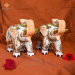 ARTS & CRAFTS WHITE MAKRANA MARBLE PAIR OF ROYAL ELEPHANT 24CRT REAL GOLD HANDPAINTED