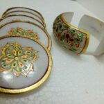 ARTS & CRAFTS WHITE MAKRANA MARBLE TEA COASTE (6 COASTER) MUGHAL FLORAL DESIGN REAL GOLD HAND PAINTED
