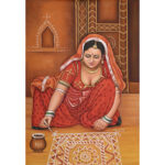Rajasthani woman making Mandana art on Floor 3'x2'