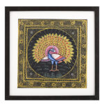 Miniature Indian Art Antique Painting of Dancing Peacock On Old Court Stamp Paper Using Natural Mineral Colours