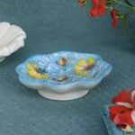 ARTS & CRAFTS BLUE POTTERY ROUND SHAPE BOWL BEAUTIFUL TURQUOISE BASE MULTI  COLOUR FLORAL DESIGN HANDPAINTED
