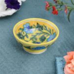 ARTS & CRAFTS BLUE POTTERY BOWL, YELLOW BASE BLUE FLORAL HAND PAINTED BOWL