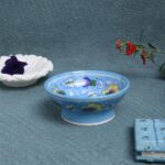 ARTS & CRAFTS BLUE POTTERY TURQUOISE ROUND BOWL MULTICOLOUR FLORAL DESIGN HANDPAINTED