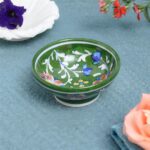 ARTS & CRAFTS BLUE POTTERY ROUND SHAPE BOWL BEAUTIFUL GREEN BASE MULTI  COLOUR FLORAL DESIGN HANDPAINTED