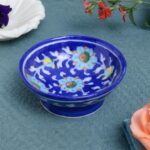 ARTS & CRAFTS BLUE POTTERY ROUND BOWL MULTICOLOUR FLORAL DESIGN HANDPAINTED