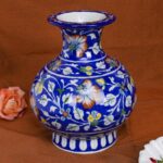 ARTS & CRAFTS BLUE POTTERY HANDI SHAPE VASE, BLUE BASE MULTI COLOUR FLORAL HAND PAINTED VASE