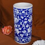 ARTS & CRAFTS BLUE POTTERY CYLENDRICAL VASE, BLUE BASE WHITE COLOUR FLORAL HAND PAINTED VASE