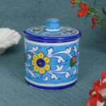 ARTS & CRAFTS BLUE POTTERY TEA, COFFEE, SUGAR CONTAINER WITH LID (TURQUOISE MULTICOLOUR FLORAL)