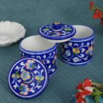 ARTS & CRAFTS BLUE POTTERY  PAIR OF TEA, COFFEE, SUGAR CONTAINER WITH LID (BLUE MULTICOLOUR FLORAL)